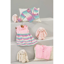 Dress, Cardigan and Waistcoat in James C Brett Baby Twinkle Prints